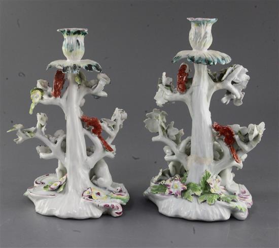 Two matching early Derby candlestick groups, c.1756-9 h. 22cm and 23.5cm, restorations